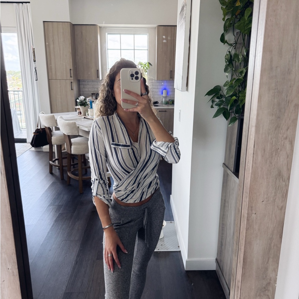 New Look Navy and White Striped Blouse (Size Small)